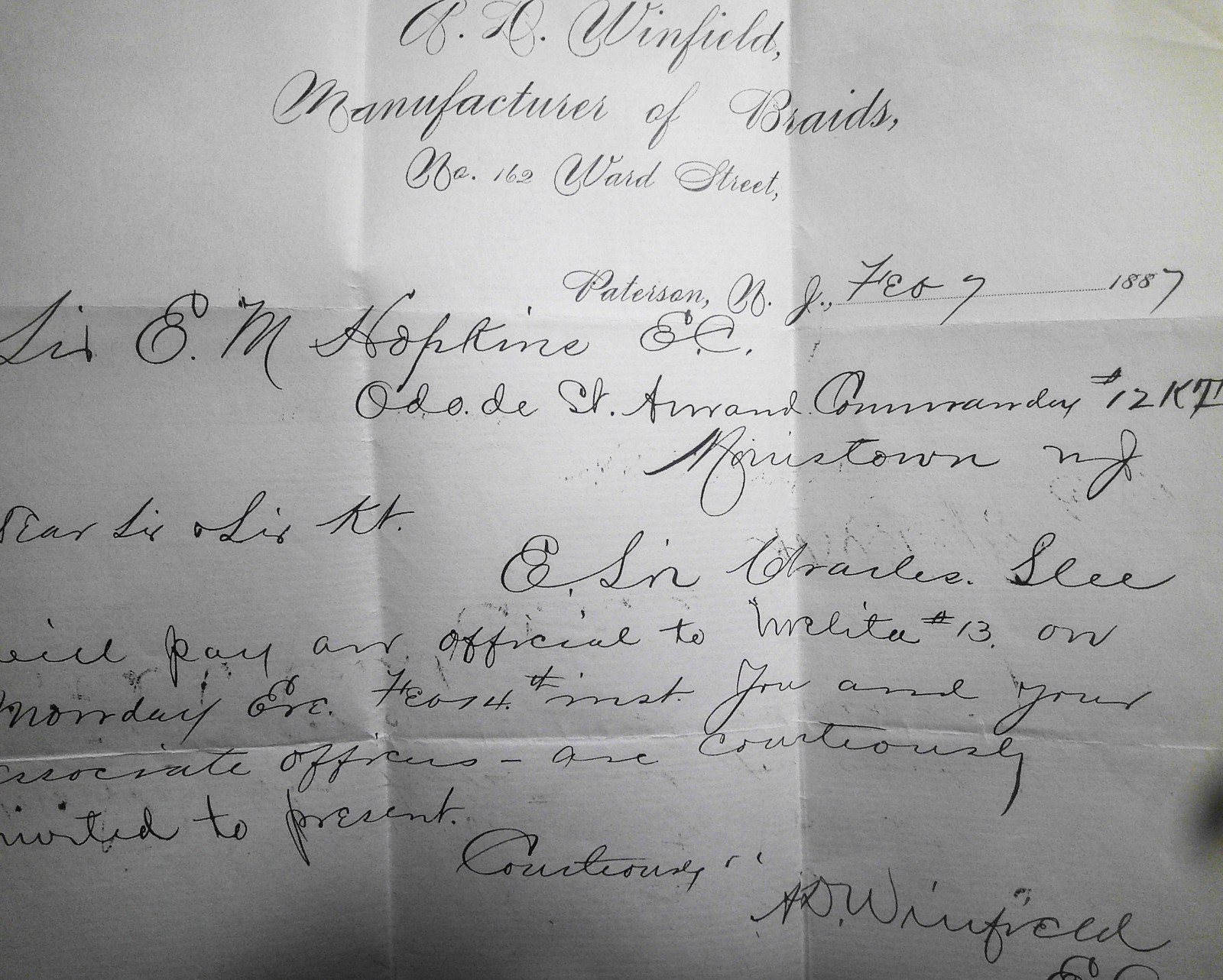 1887 Paterson NJ Letter RD Winfield Braid Mfg to Knights Templar Morristown