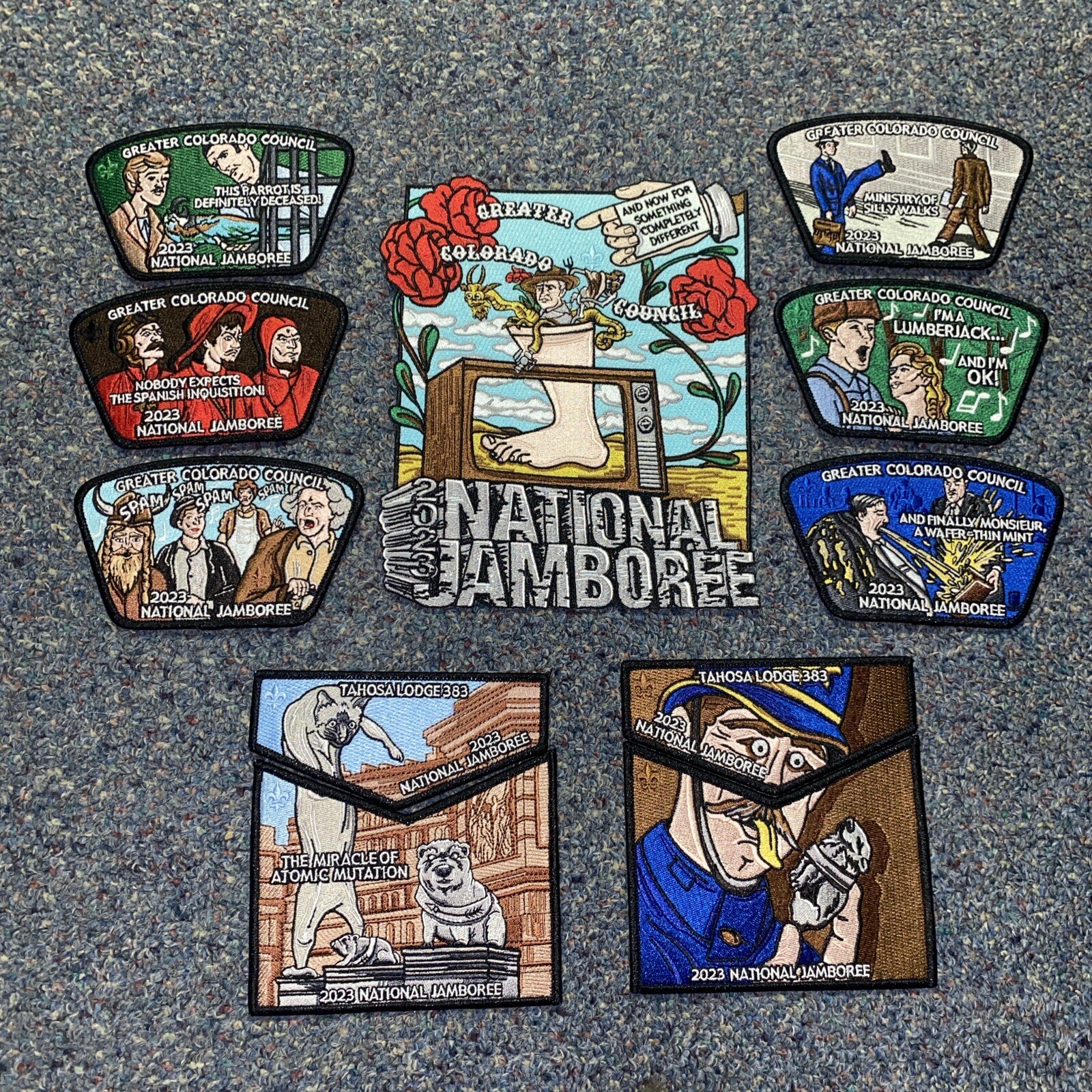 2023 Jamboree Greater Colorado Council Monty Python Patch Set