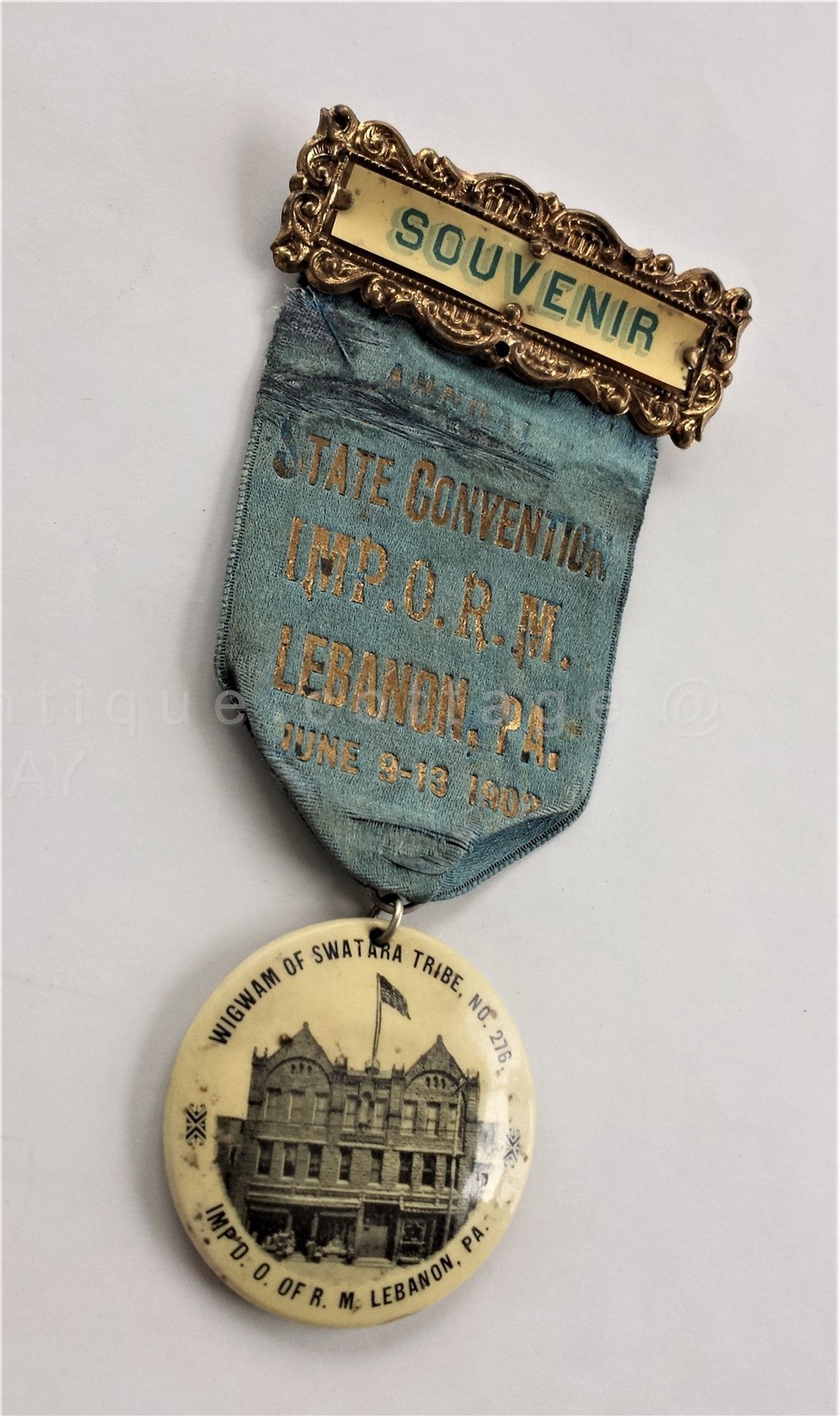 1902 antique IMPROVED ORDER REDMEN lebanon pa CELLUOID PIN wigwam swatara tribe