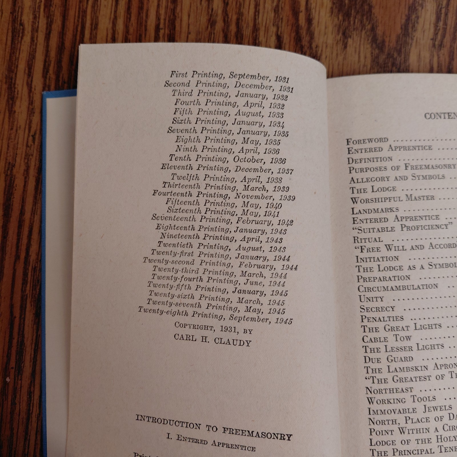1946 Introduction To Freemasonry I Entered Apprentice Book, Hardcover