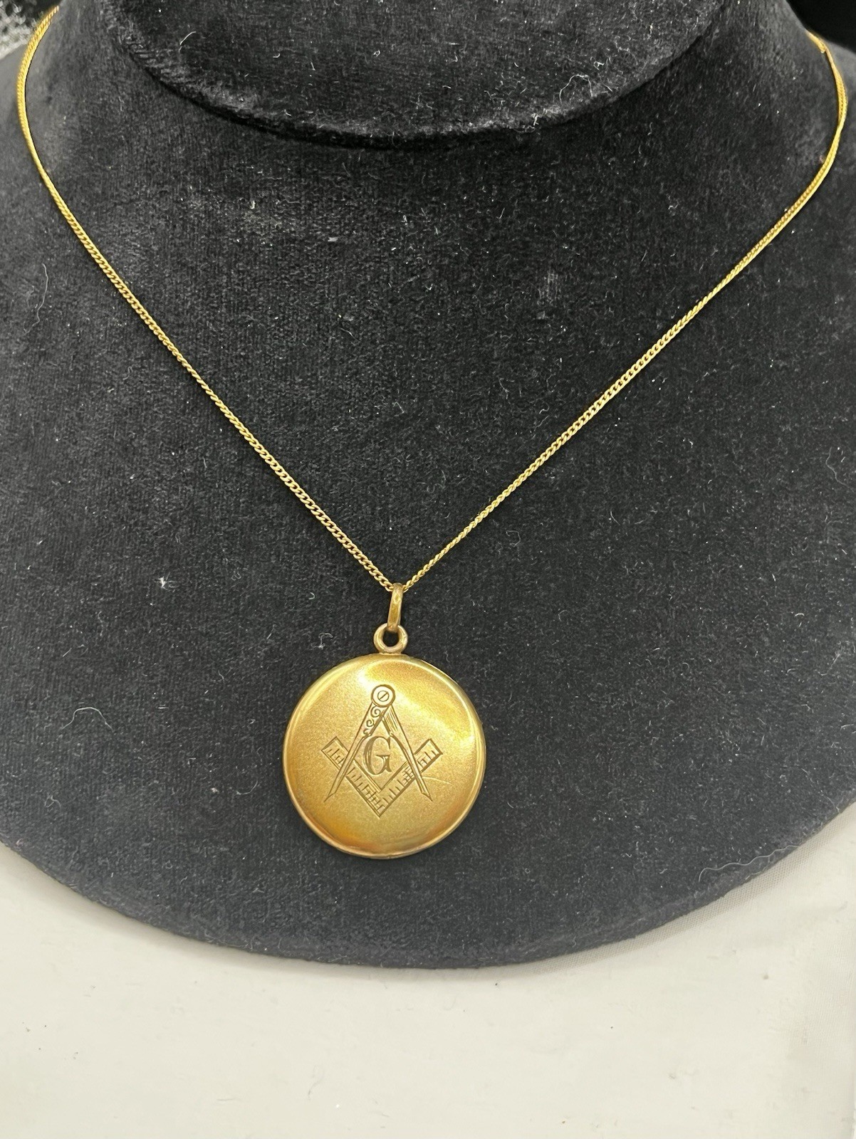 Antique Gold Filled Freemason Round Photo Watch Locket Necklace Monogrammed KMJ