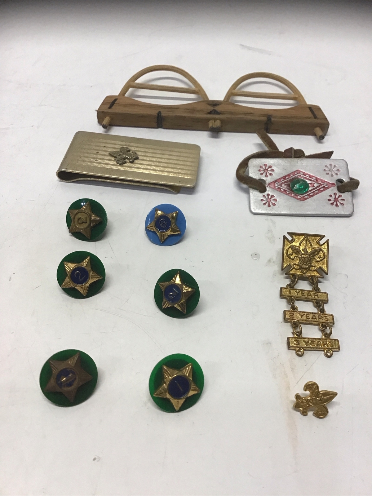 11 Old Boy Scouts Items, Money Clip, 6 Star Service Pins, 3 Yr. Attendance& More