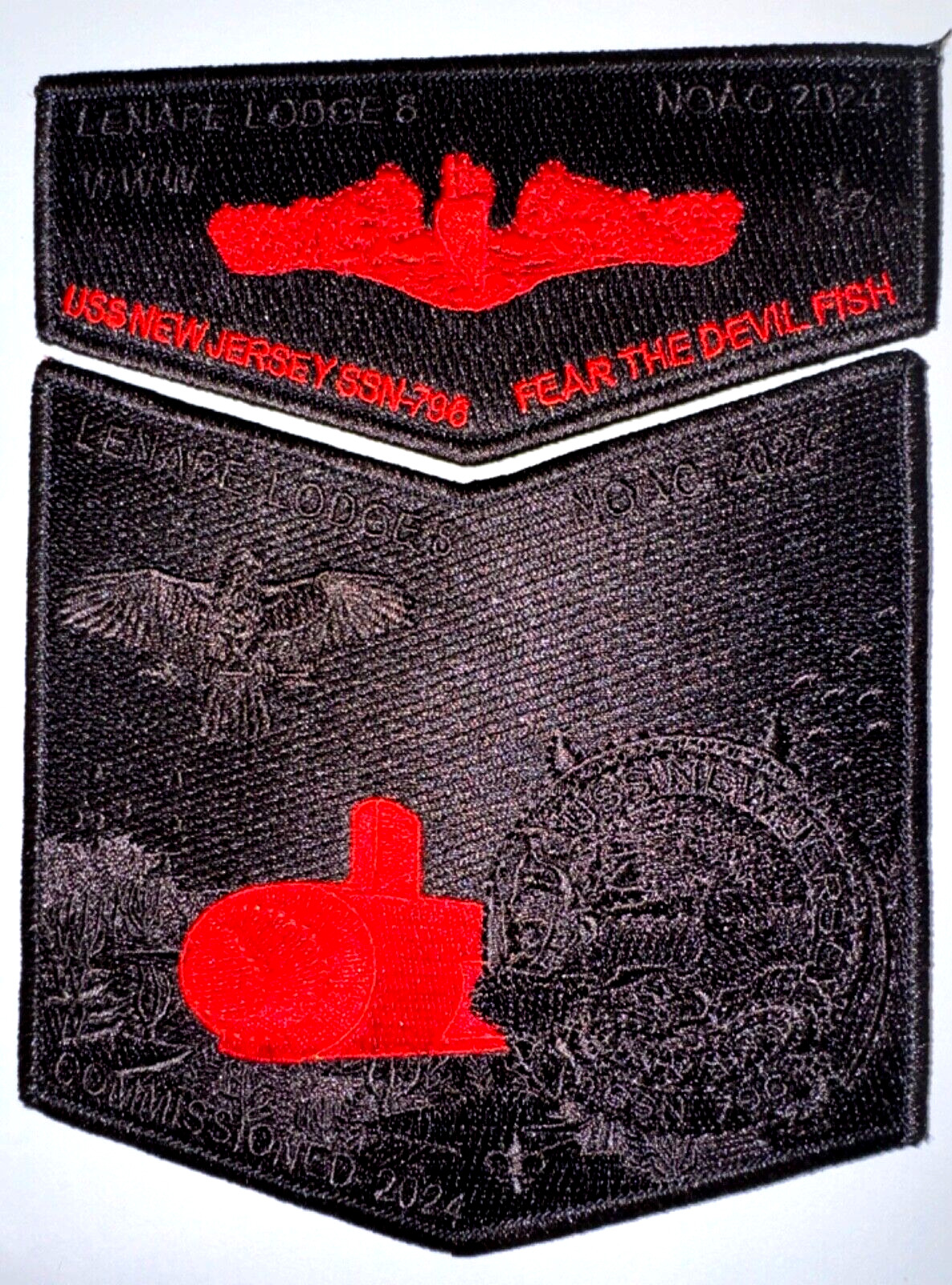 Lenape Lodge # 8 2024 NOAC USS New Jersey FUNDRAISING Black 2 pc Flap Set MINT