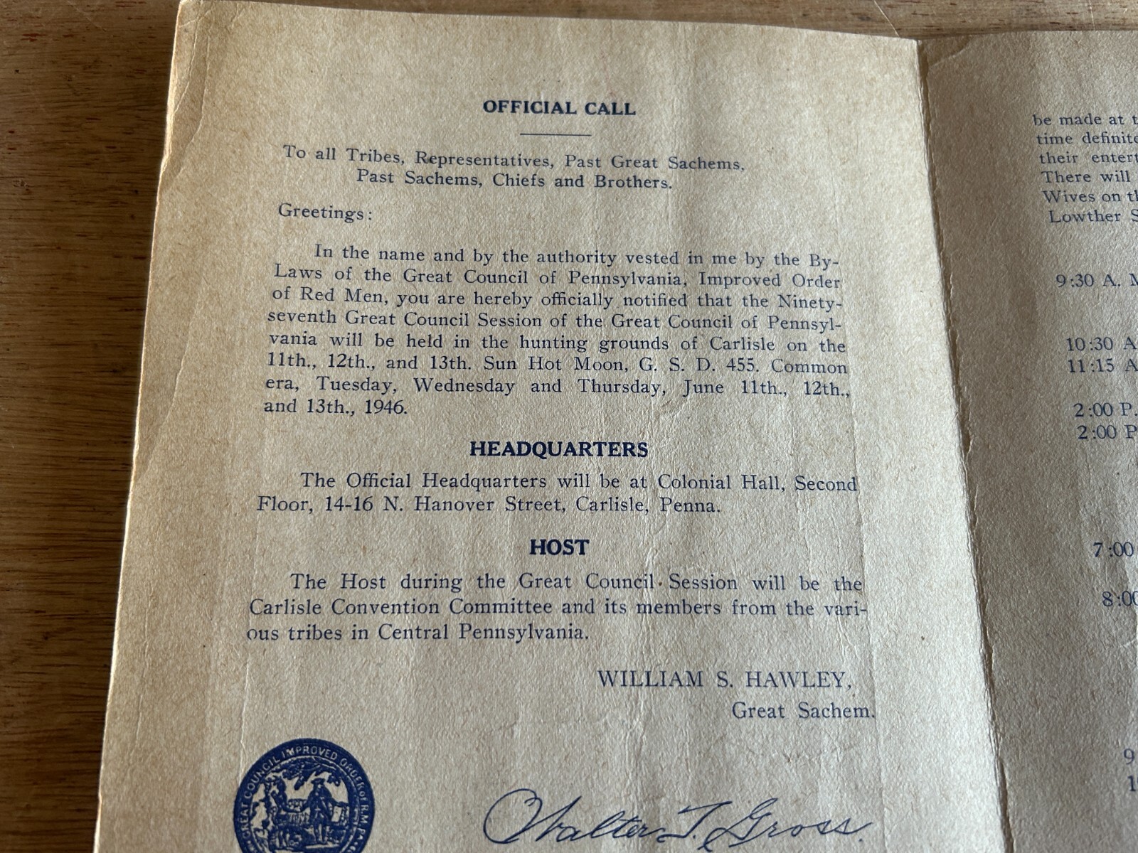 Improved Order Red Men Official Call Great Council Pennsylvania 1946 Carlisle