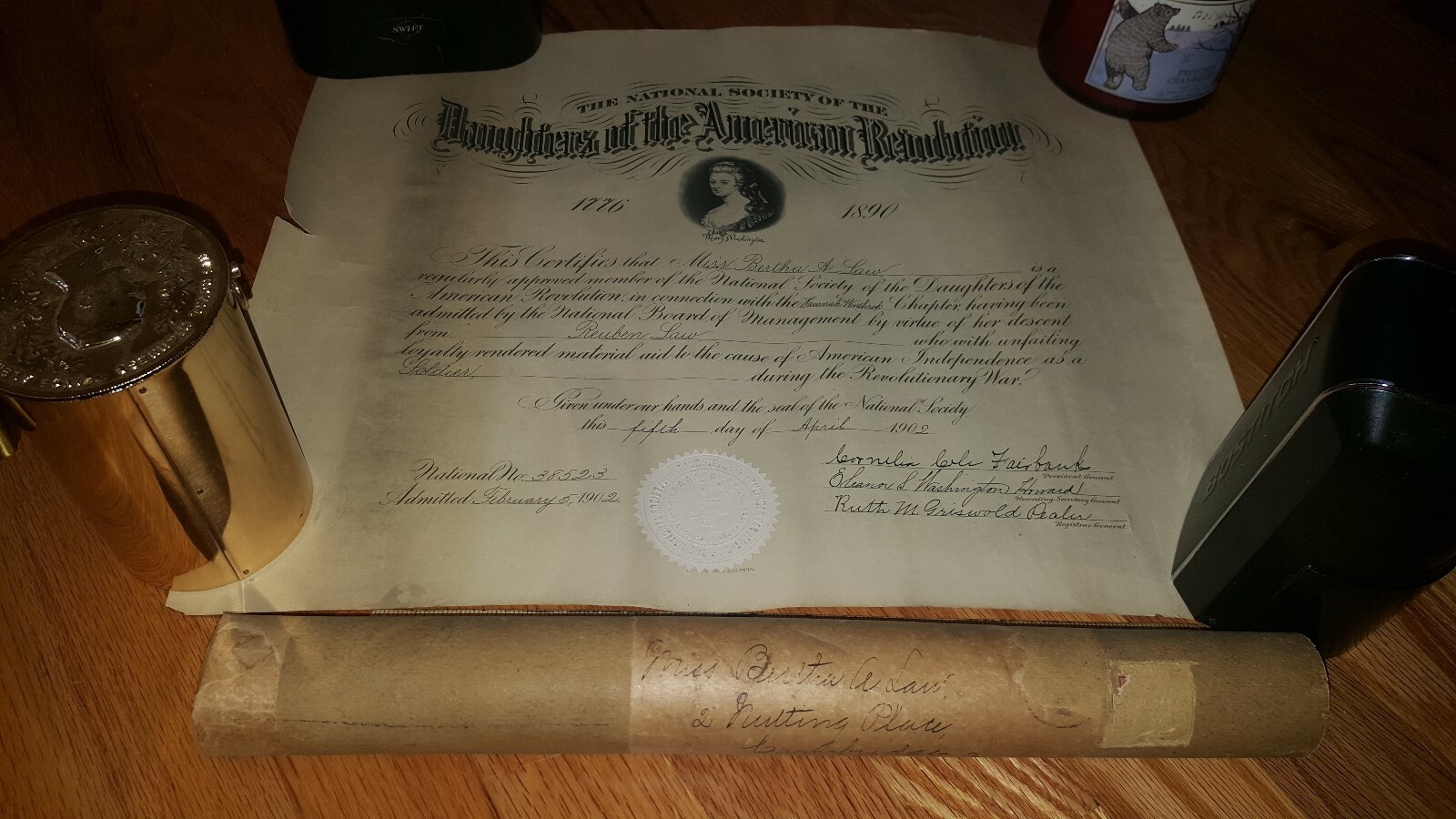 1902 DOC. DAUGHTERS AMERICAN REVOLUTION BERTHA LAW – REUBEN LAW MASSACHUSETTS