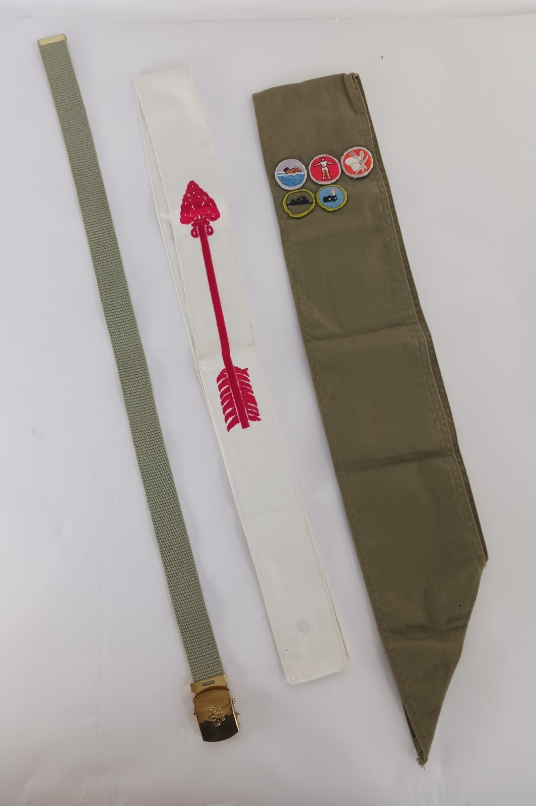 Vintage BSA Boy Scout MERIT BADGE Sash with 5 Merit Badges, Red Arrow Sash, Belt