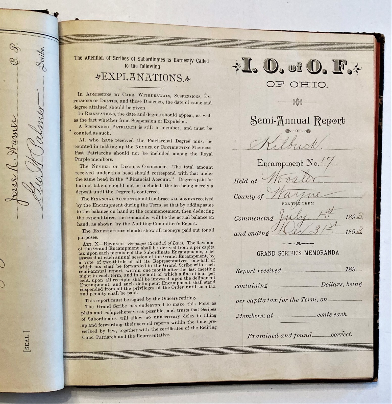 IOOF LATE 1890’s SEMI-ANNUAL REPORTS OF KILLBUCK ENCAMPMENT NO. 17, WOOSTER, OH