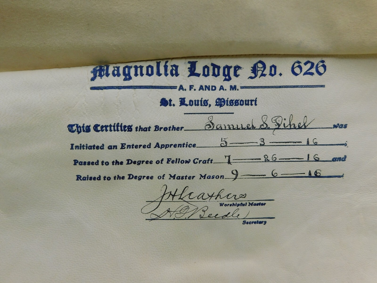 1916 Antique Kid Leather MASTER MASON Magnolia Lodge No. 626 St. Louis, MO Apron