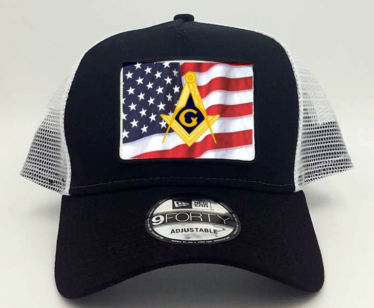 Masonic U.S. Flag Trucker Style Cap in Black & White