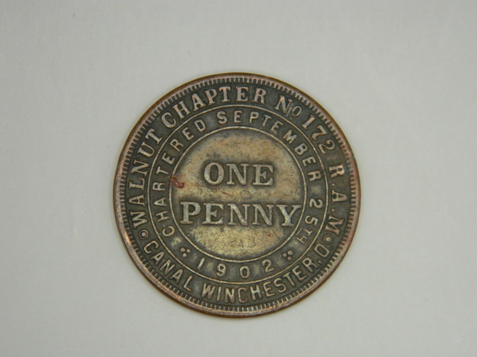 VINTAGE MASONIC PENNY 1902 WALNUT CHAPTER NO.172 CANAL WINCHESTER,O.