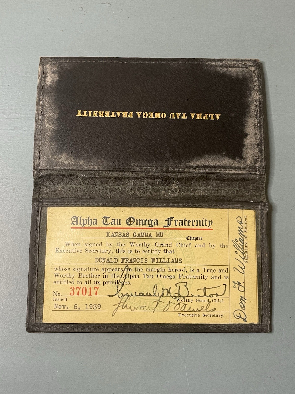 Vintage Alpha Tau Omega Fraternity 1939 Membership Card – Kansas University KU