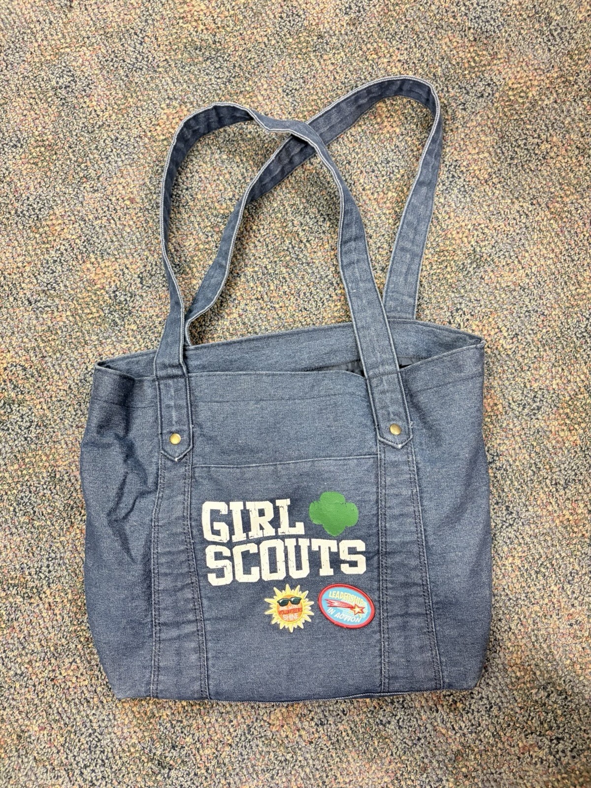 Girl Scouts Denim Tote Bag Leader Books Pocket Distress Printed Logo w/Patches