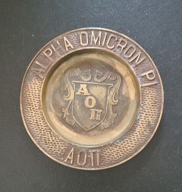 Brass Alpha Omicron Pi Fraternity Wall Plaque Trinket Tray 6 Inches