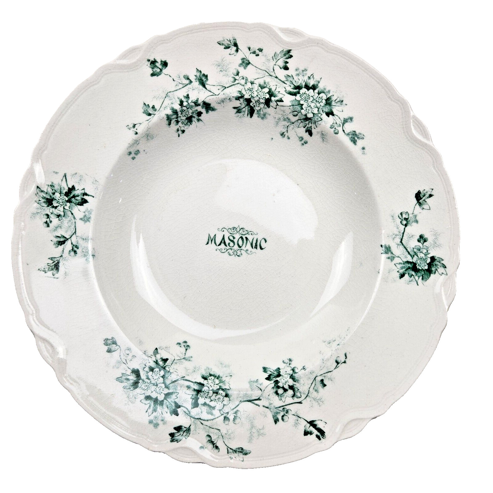 VTG Masonic Freemason Deep Dish Plates 8pc Semi-Porcelain Dresden Green White 9″