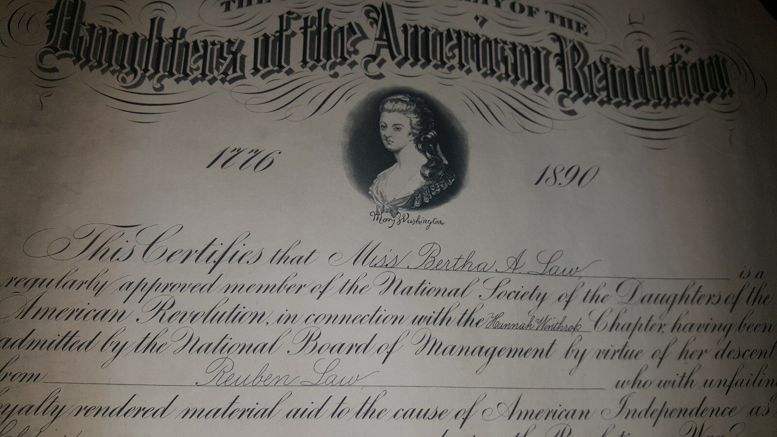 1902 DOC. DAUGHTERS AMERICAN REVOLUTION BERTHA LAW – REUBEN LAW MASSACHUSETTS