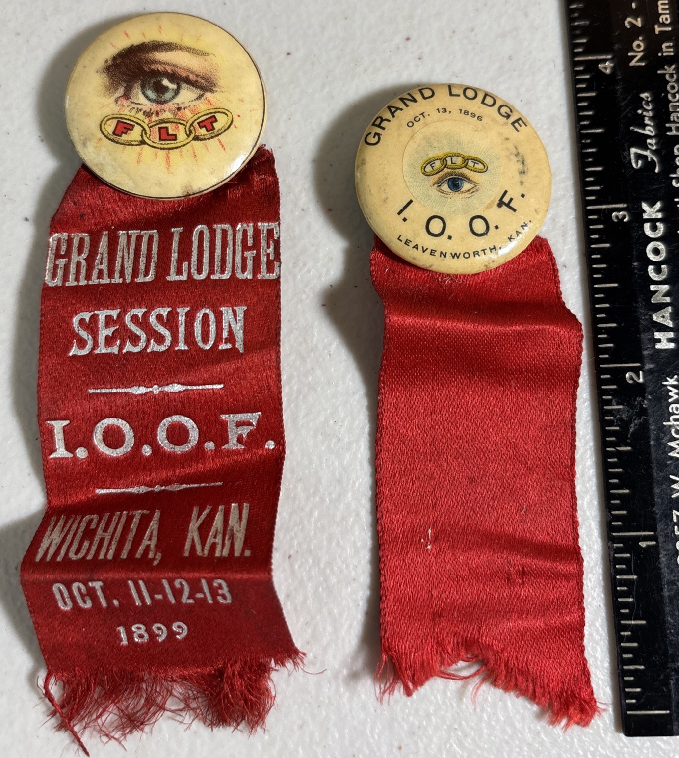 2 VINTAGE 1896 & 1899 I. O. O. F. ODD FELLOWS GRAND LODGE RIBBONS – KANSAS