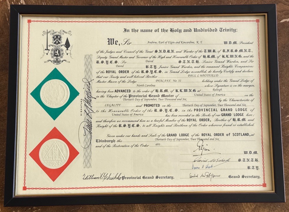 2006 Royal Order of Scotland Masonic Certificate Paul L. Whitfield Framed