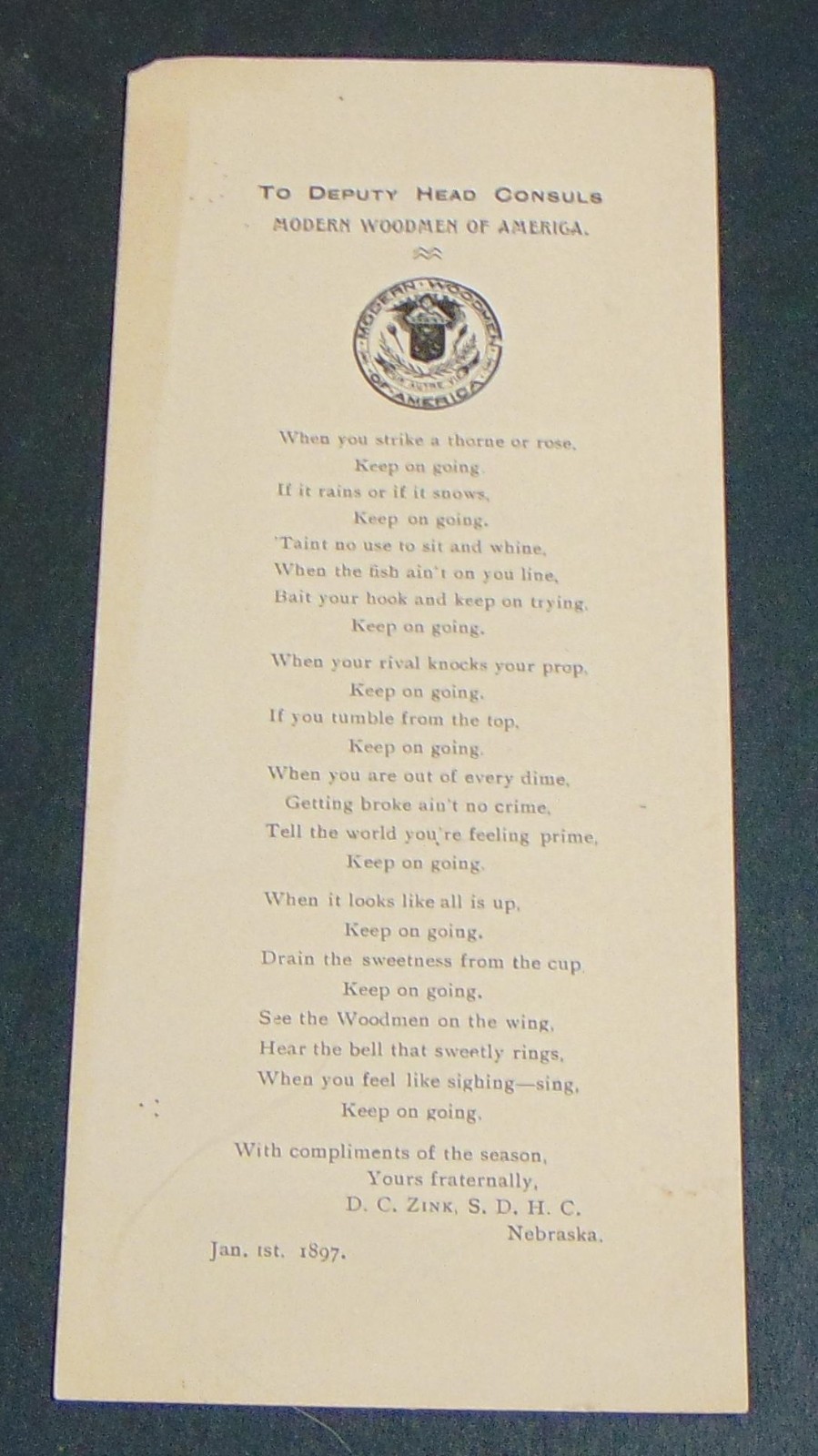 1897 Modern Woodmen of America New Years Poem, Nebraska