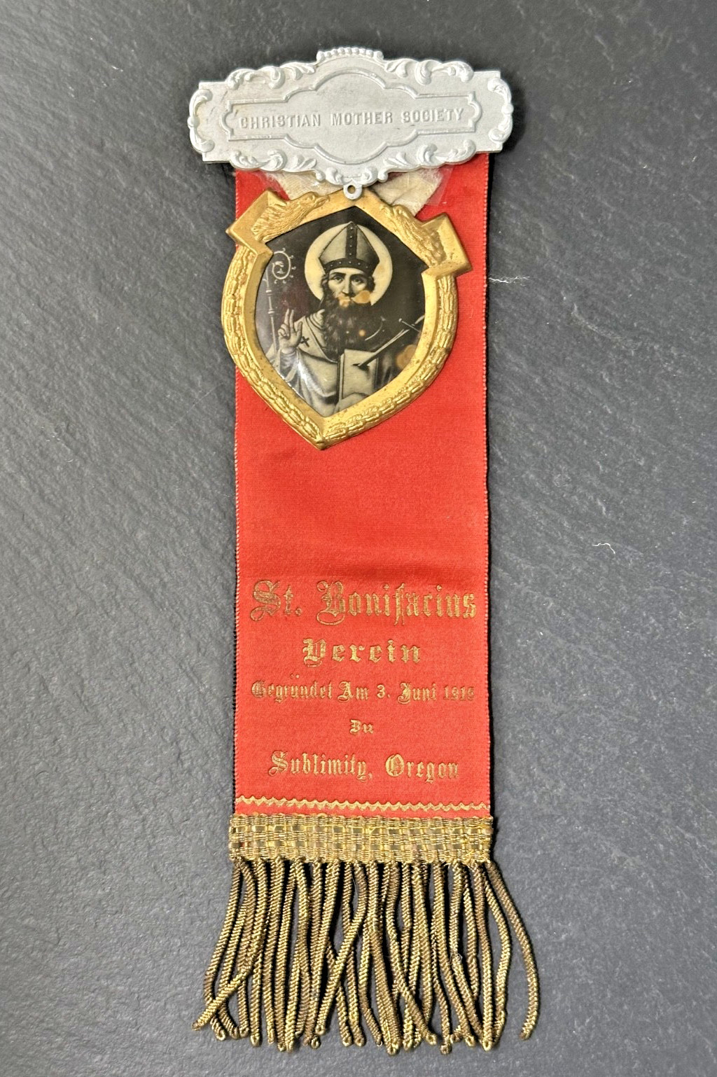 1916 ST BONIFACE SUBLIMITY OREGON CHRISTIAN MOTHER SOCIETY PIN RIBBON N97