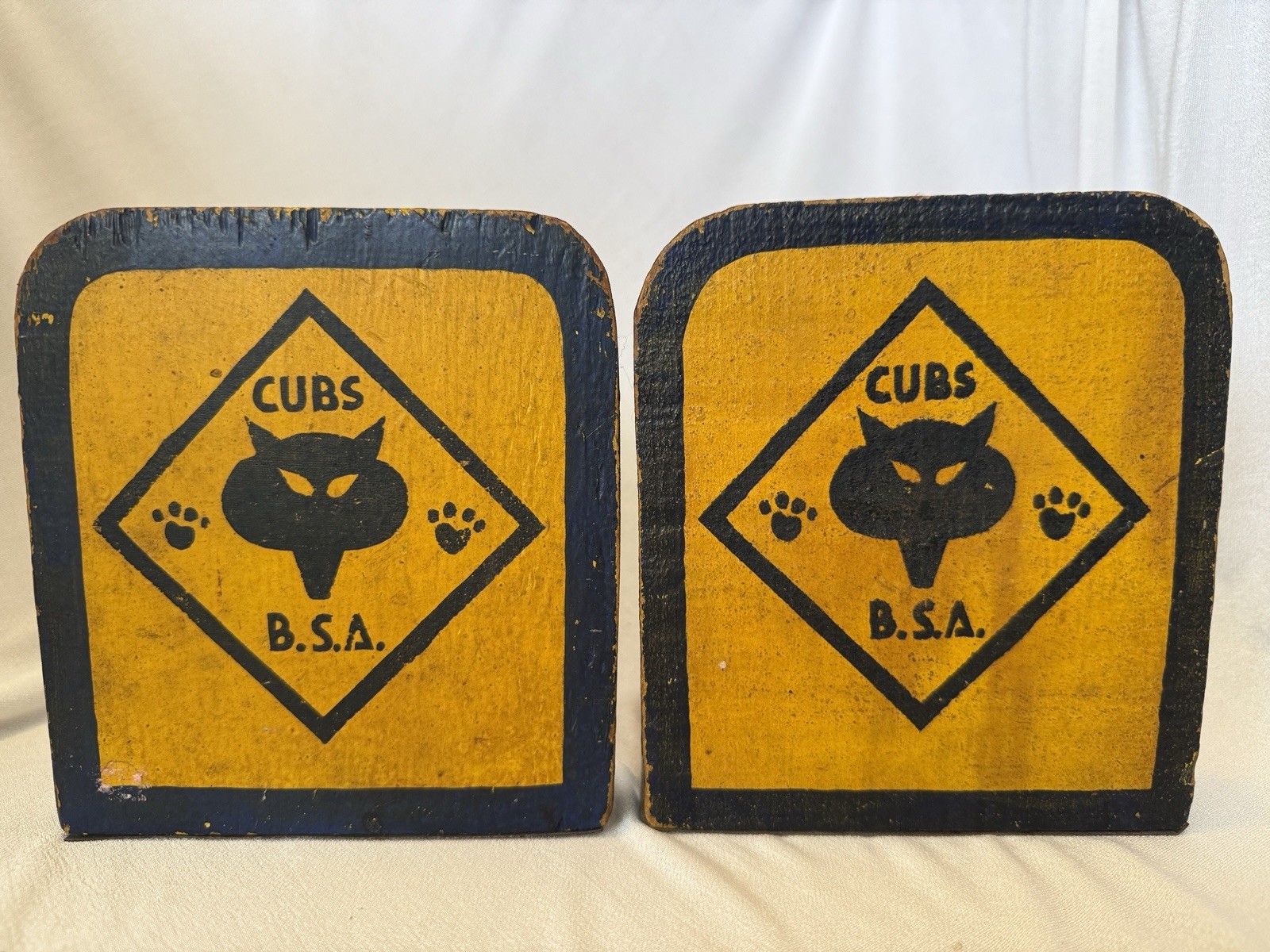Vintage Handmade CUB SCOUT BSA Wood BOOKENDS Folk Art Primitive 1930s Boy Scouts