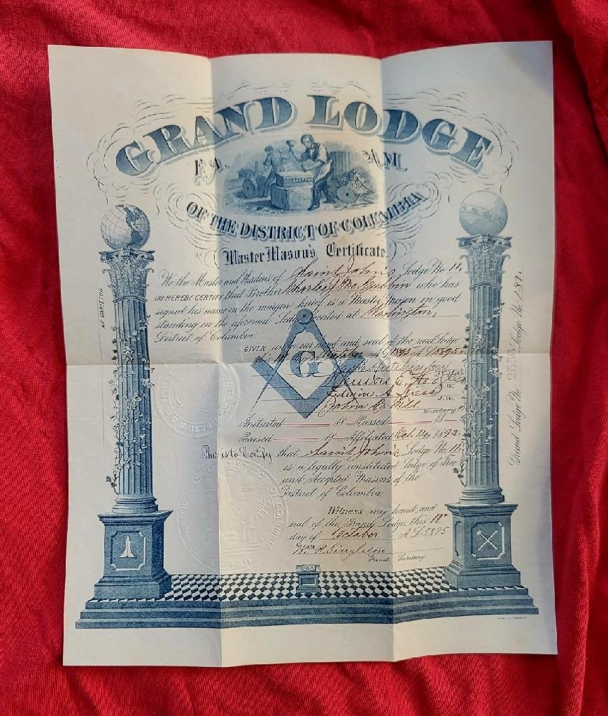 Charles J. McCubbin St. Johns Masonic Lodge Washington D.C. 1892 Certificate