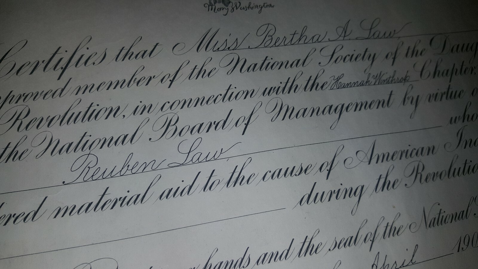 1902 DOC. DAUGHTERS AMERICAN REVOLUTION BERTHA LAW – REUBEN LAW MASSACHUSETTS