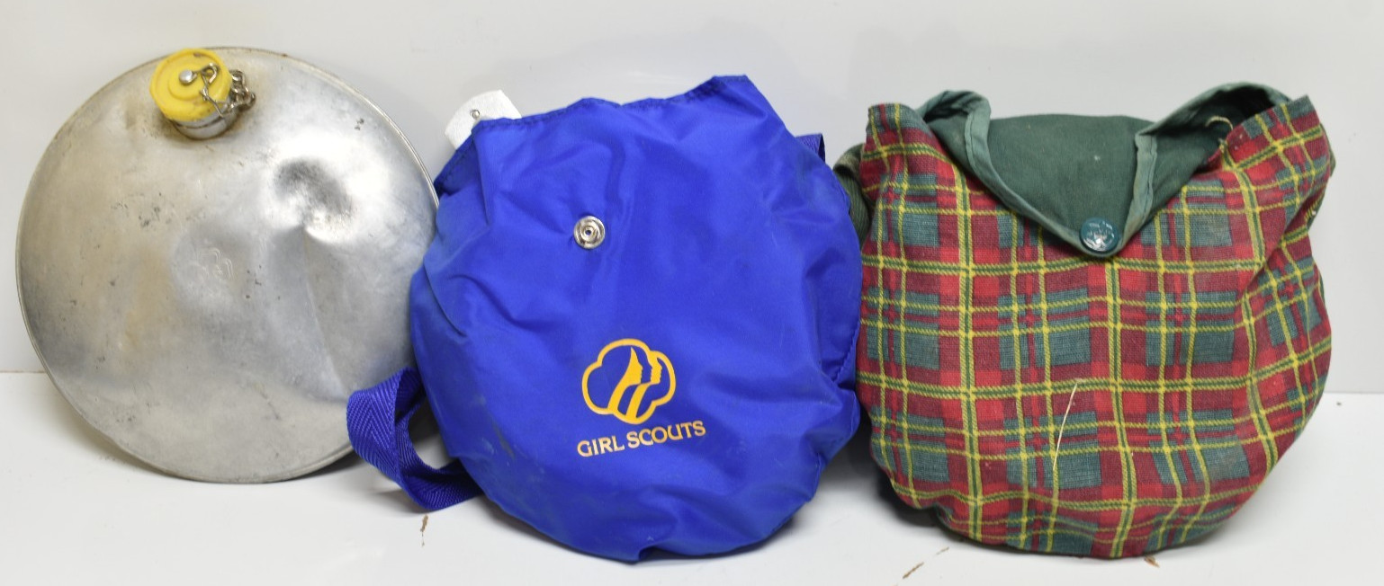 Lot 3 Vintage Girl Scout Items Canteen 2 Mess Kit Metal Used Little Dents D1M