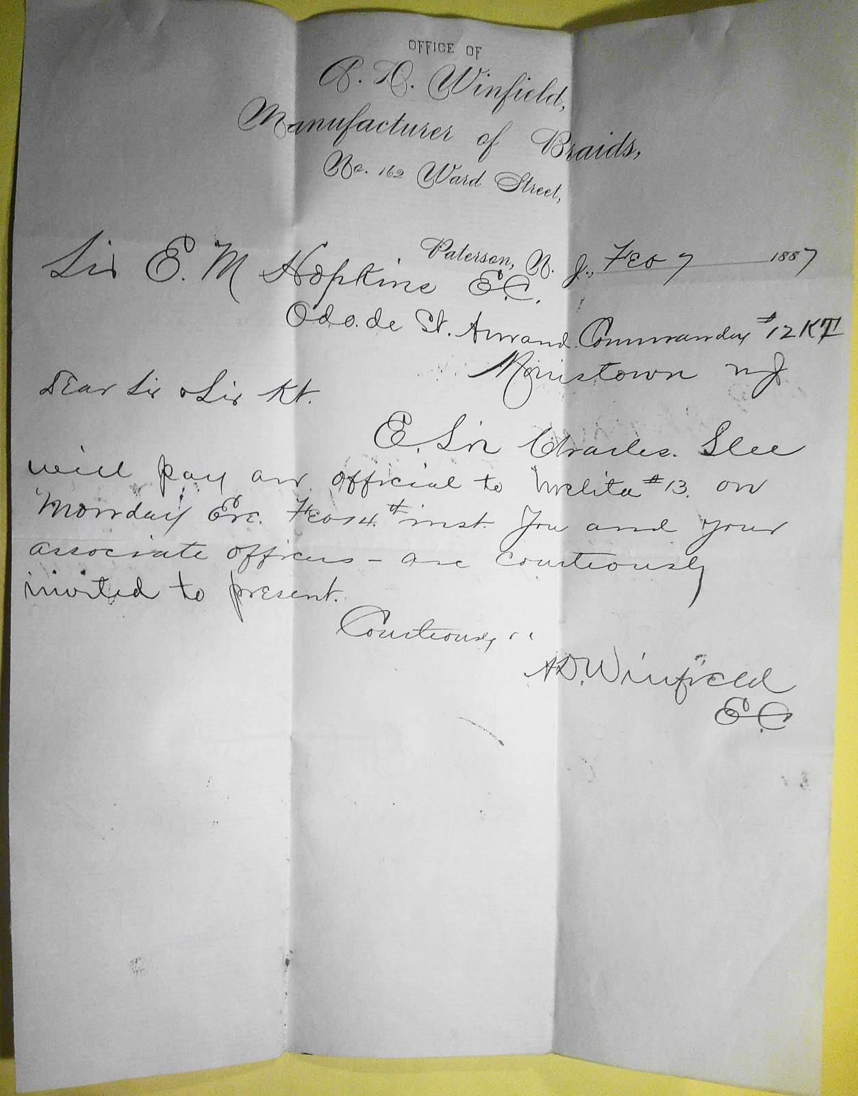 1887 Paterson NJ Letter RD Winfield Braid Mfg to Knights Templar Morristown