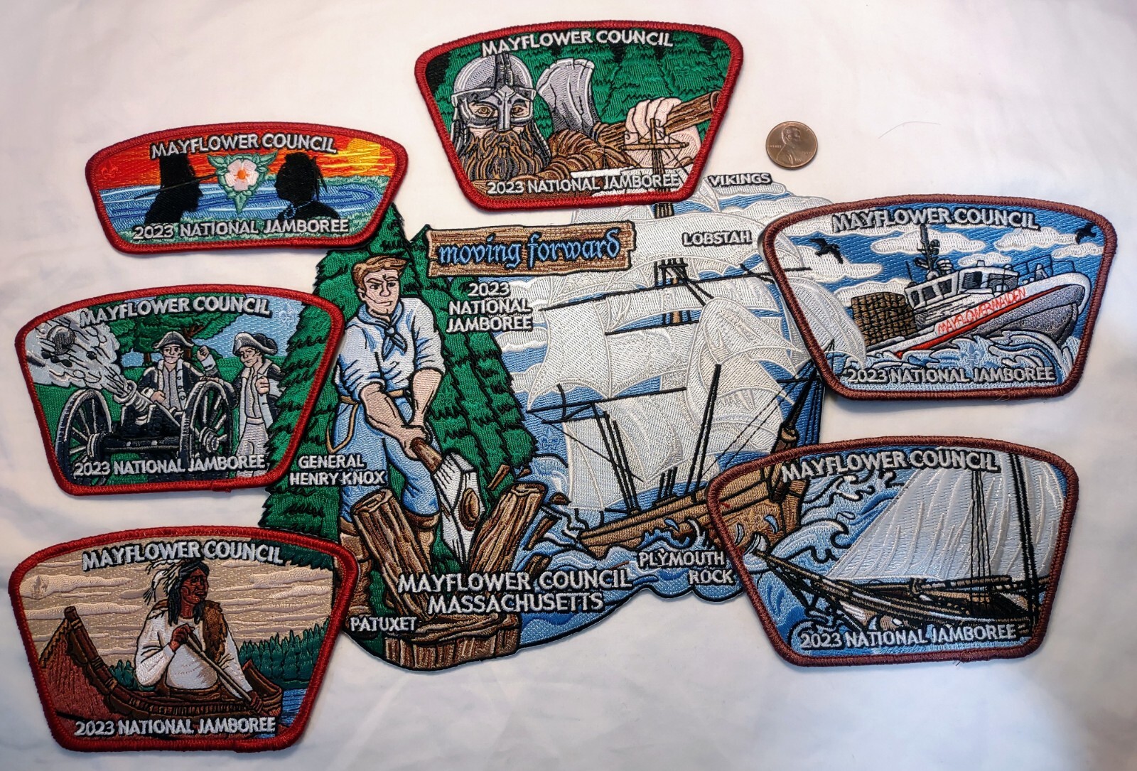 BSA MAYFLOWER OA TANTAMOUS 223 2023 JAMBOREE 7-PATCH SET MA ICONS 100 MADE