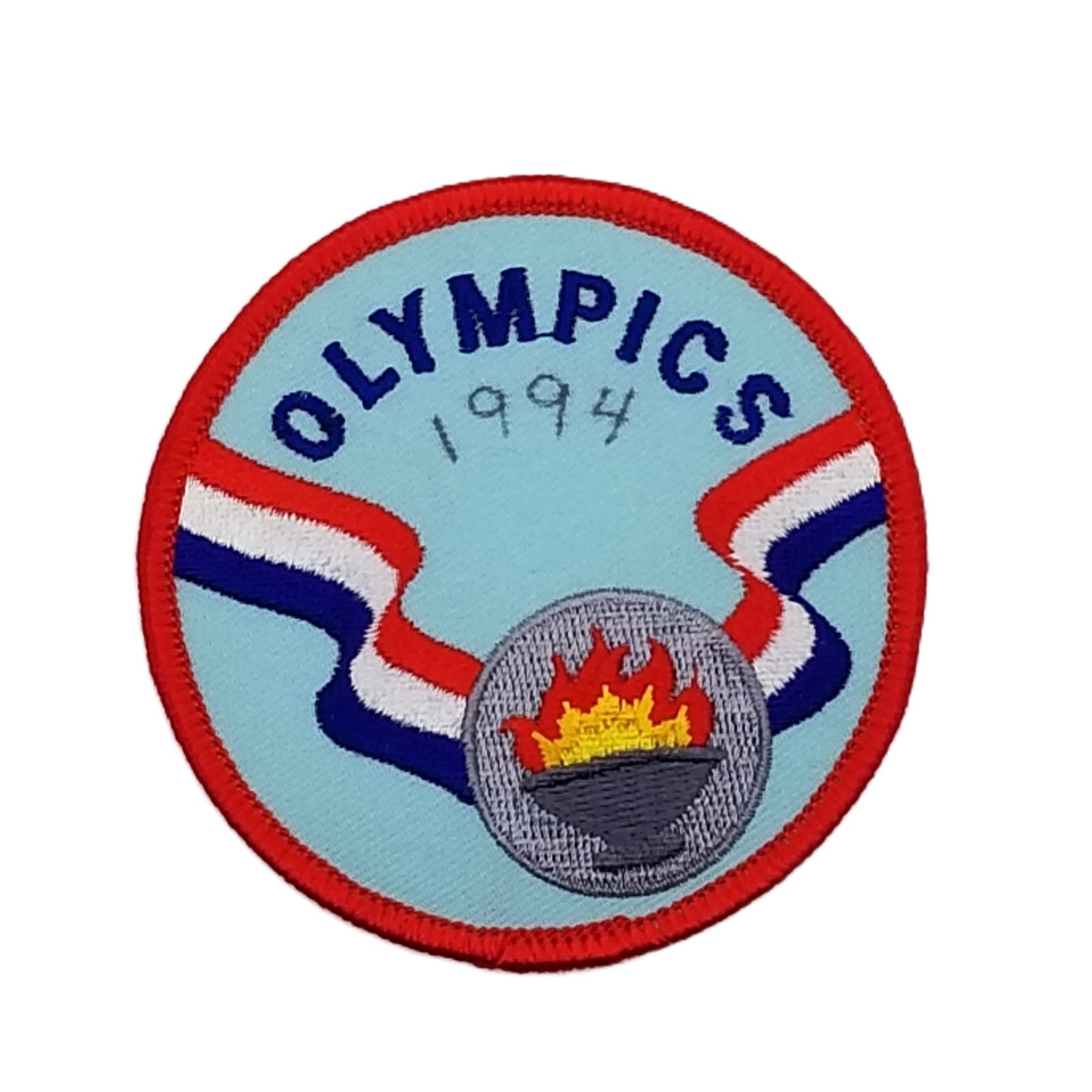 Vintage Olympics Patch Torch Flame Red White Blue Event NOS 3 Inch