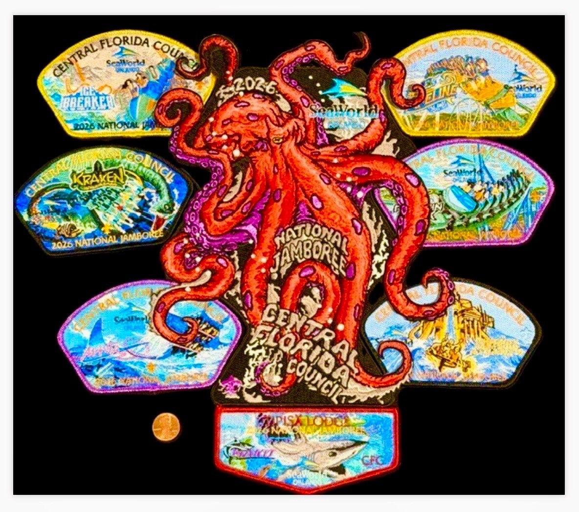 BSA CENTRAL FLORIDA OA TIPISA 326 2026 JAMBOREE 8-PATCH JSP MYLAR CONTINGENT SET