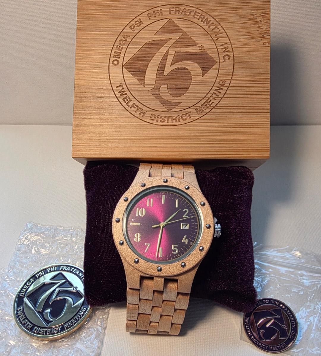 Omega Psi Phi 75th Twelfth District Meeting Commemorative Set – Watch, Coin, Bag
