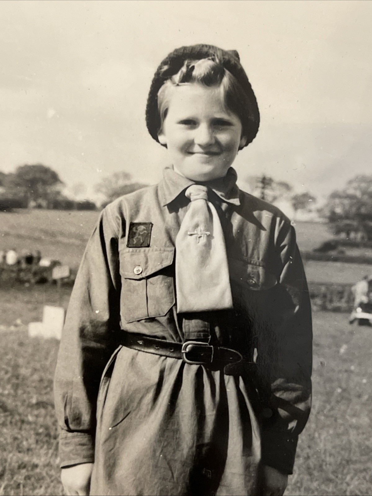 Vintage Black & White Photo Little Girl in Brownie Girl Scout Uniform