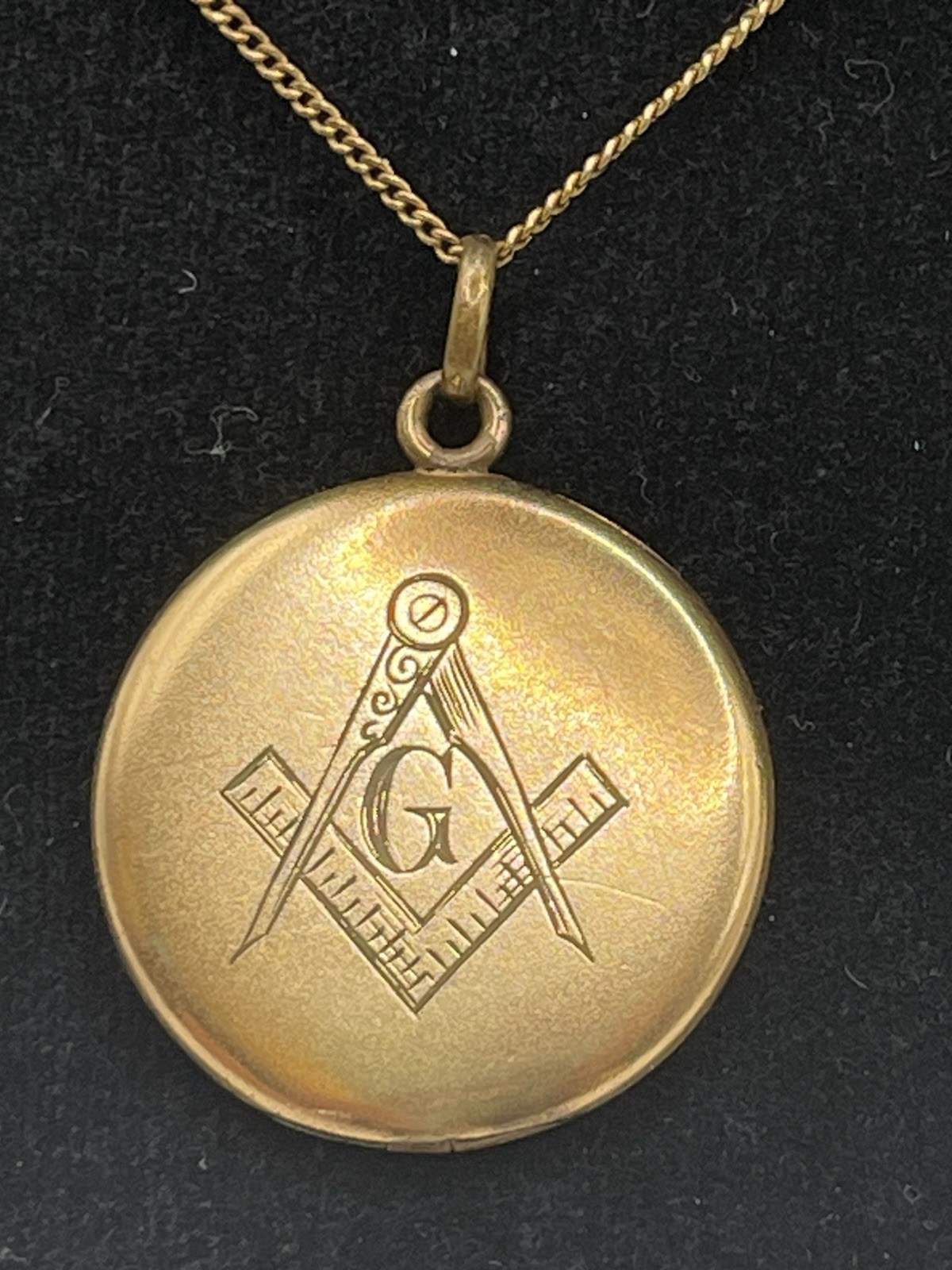 Antique Gold Filled Freemason Round Photo Watch Locket Necklace Monogrammed KMJ